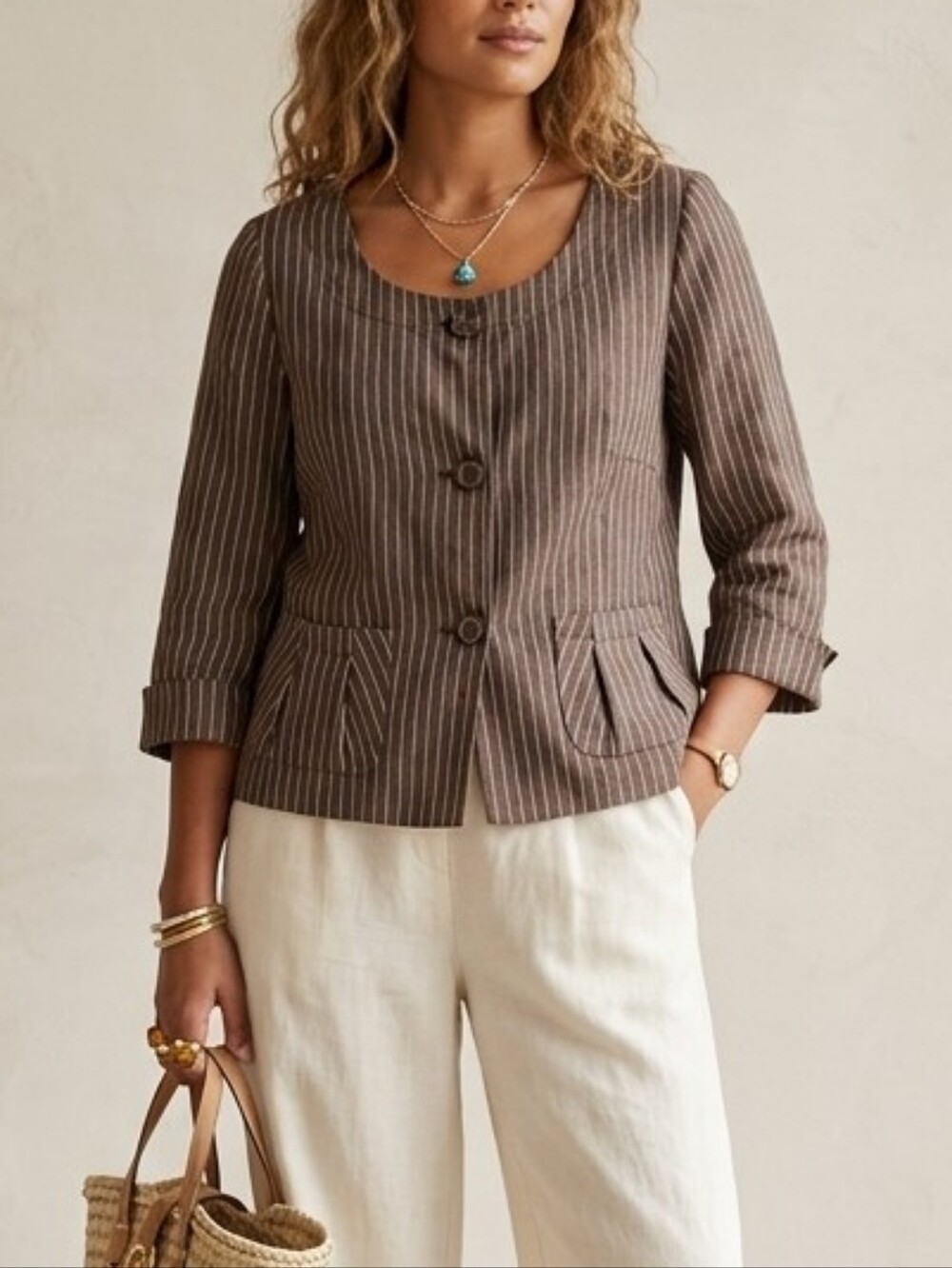 Steilmann Linen Blend Brown Pinstripe Cropped Blazer Jacket 3/4 Sleeve